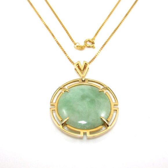 14K Yellow Gold Green Jade Greek Key Pendant Box Chain Necklace 18"